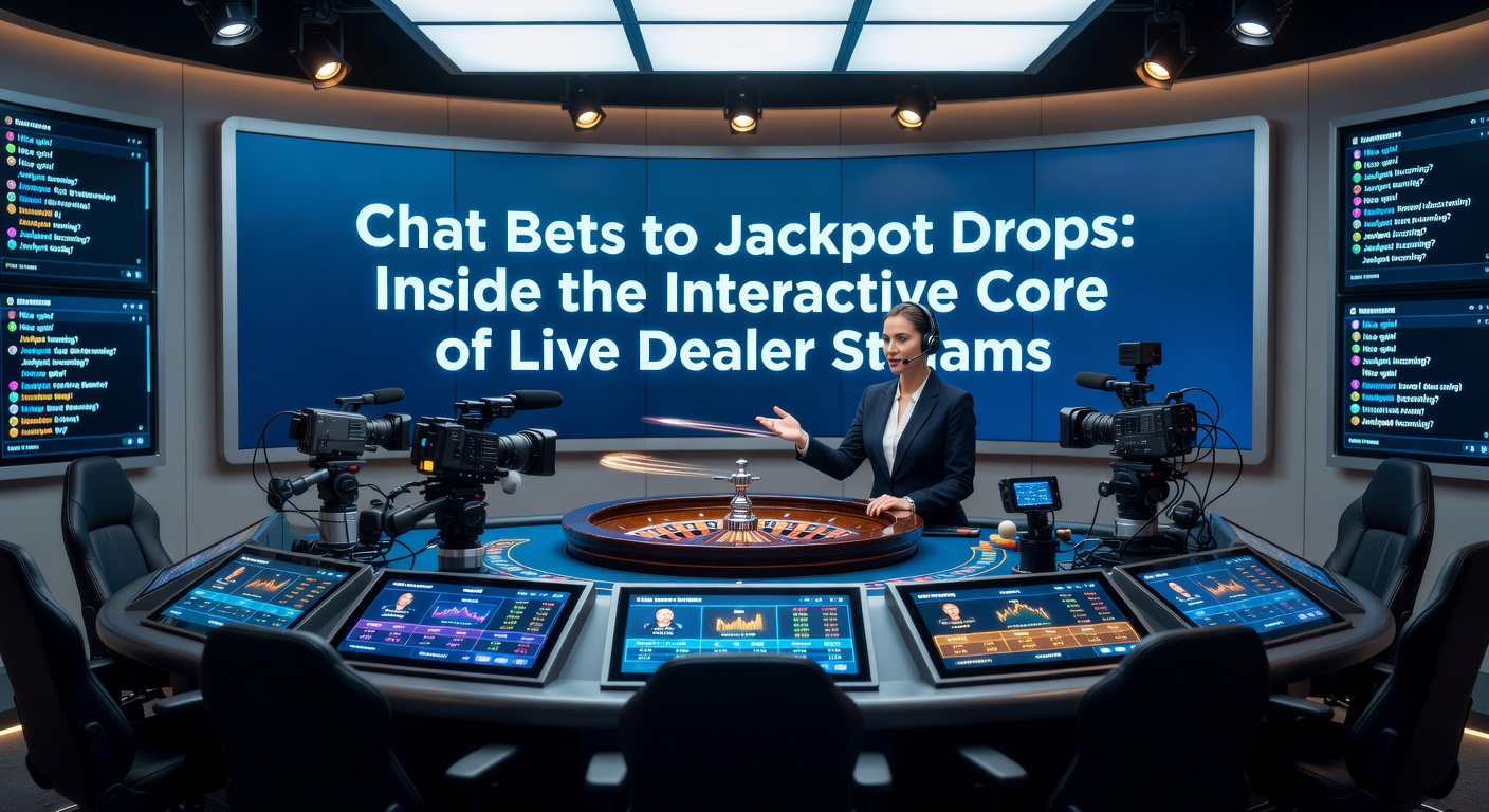 Live dealer roulette wheel spinning under studio lights, with chat bets flooding the screen and jackpot meters ticking upward in real-time