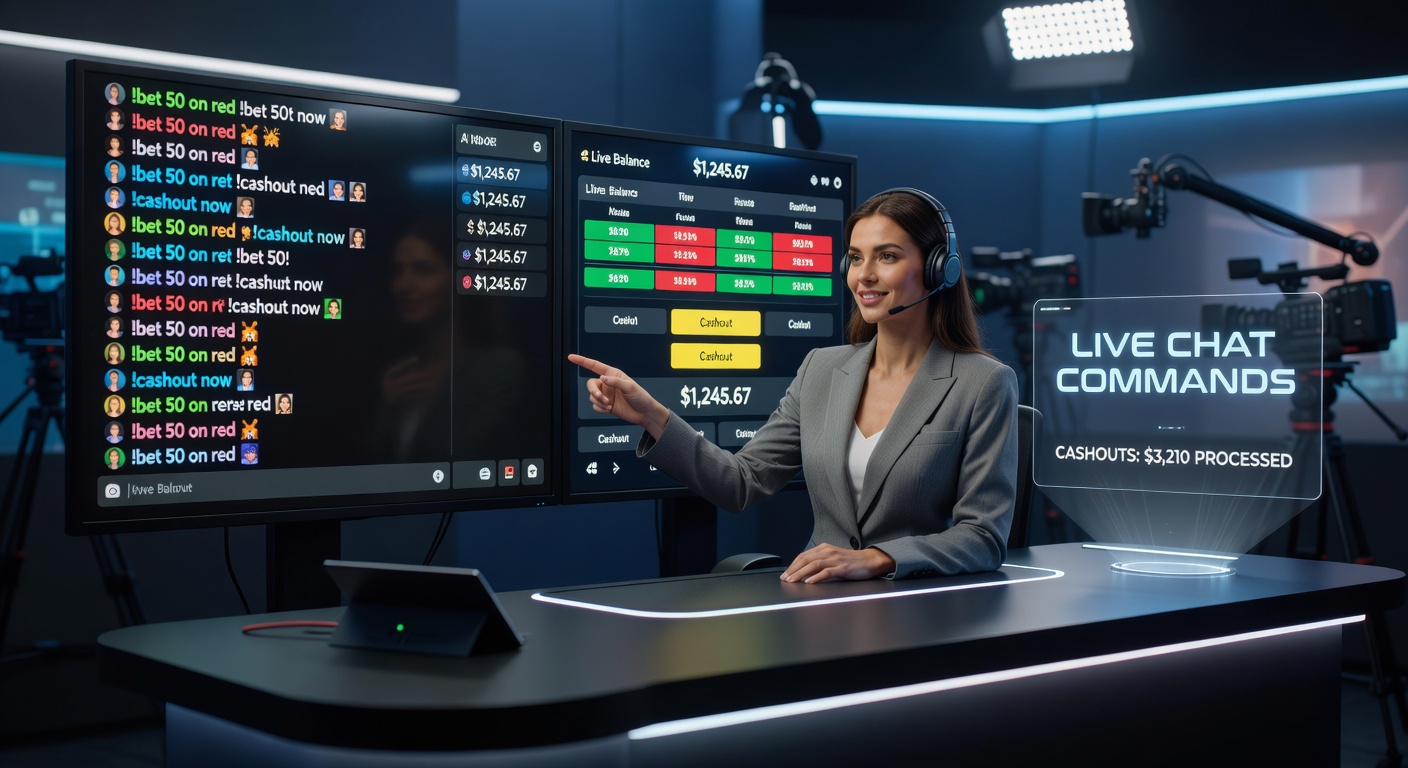 Live streamer displaying real-time chat commands triggering bets and cashouts on a gambling broadcast screen