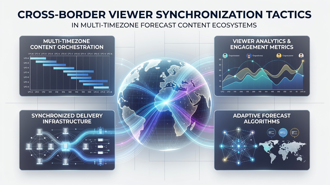 Global map overlay showing synchronized forecast content streams across multiple time zones with viewer connection points highlighted