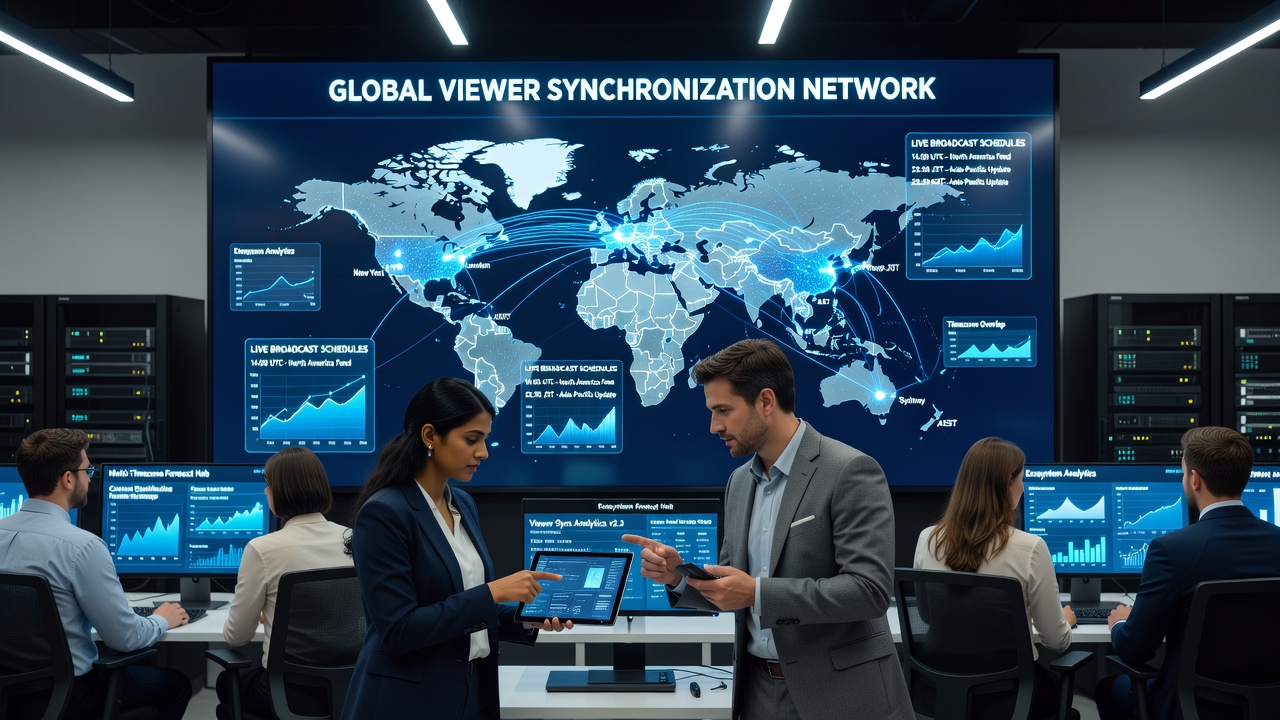 Dashboard interface displaying real-time viewer distribution across time zones during a synchronized forecast broadcast