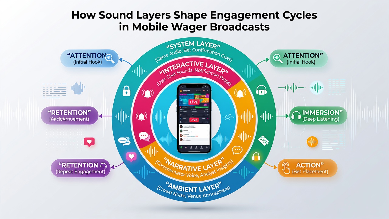 Waveform display illustrating multiple audio layers during a live wager broadcast session