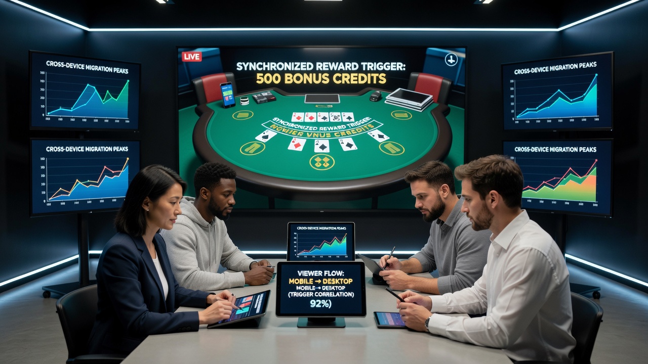 Analytics dashboard displaying cross-device viewer migration during synchronized reward events in table game streams