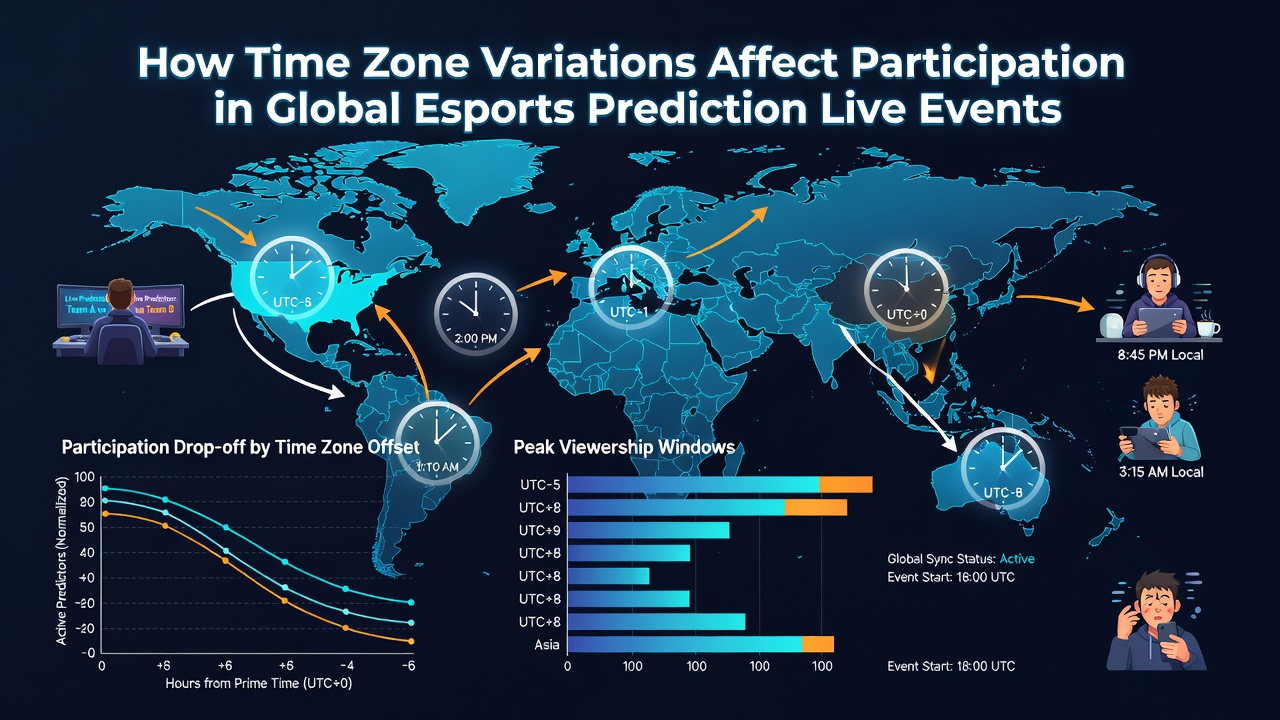 Esports prediction interface showing live viewer counts segmented by geographic regions and time zones