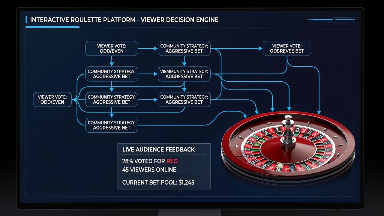 Interactive platform interface displaying viewer voting options on a live roulette decision tree