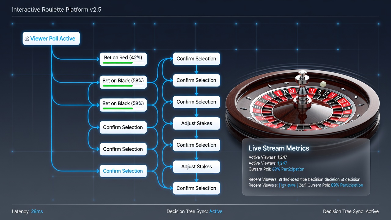 Close-up of live roulette wheel with overlaid decision tree branching visualization on an interactive streaming platform