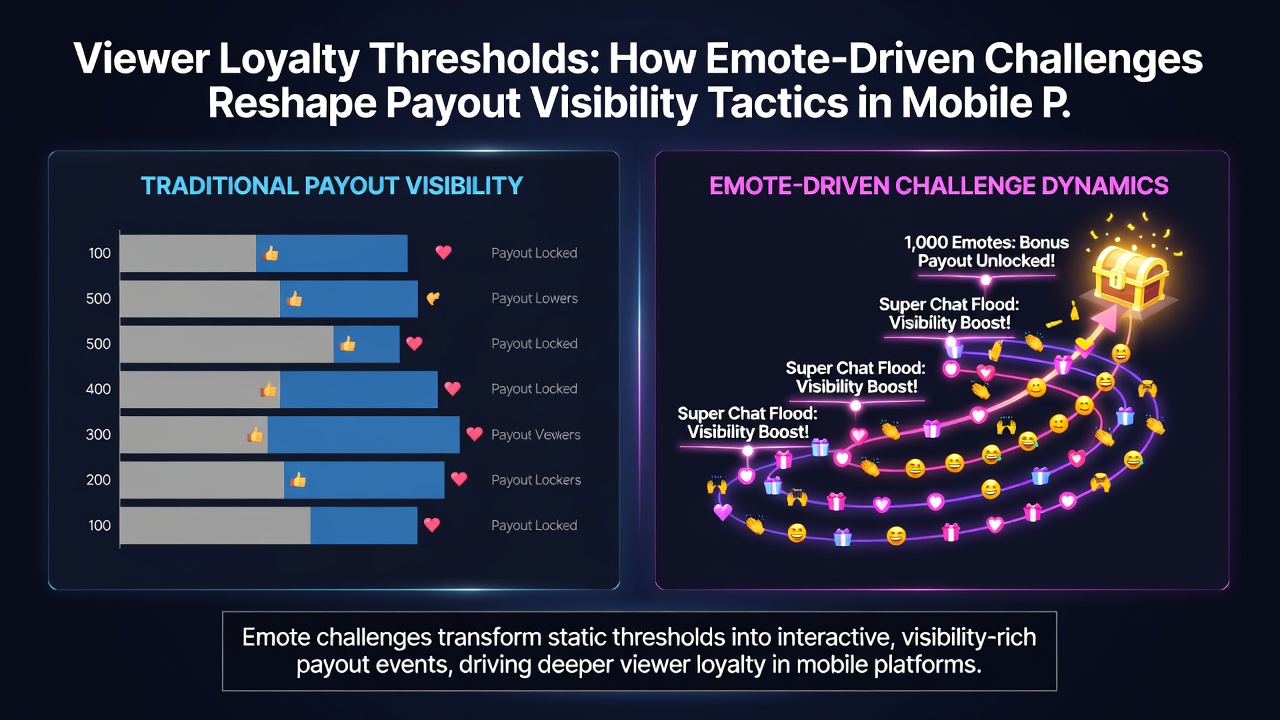 Analytics dashboard displaying loyalty threshold metrics and emote challenge completion rates for mobile prediction channel operators