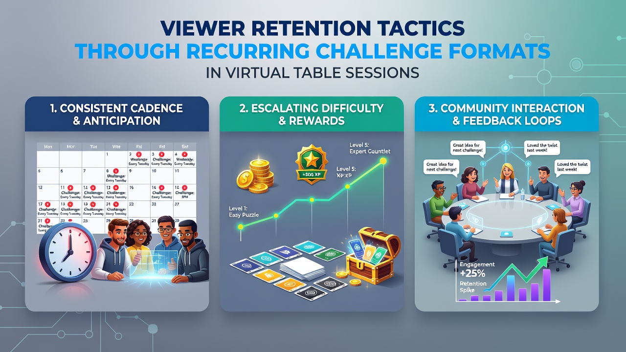 Virtual table session participants engaged in a recurring weekly challenge format with digital overlays showing progress trackers and community leaderboards