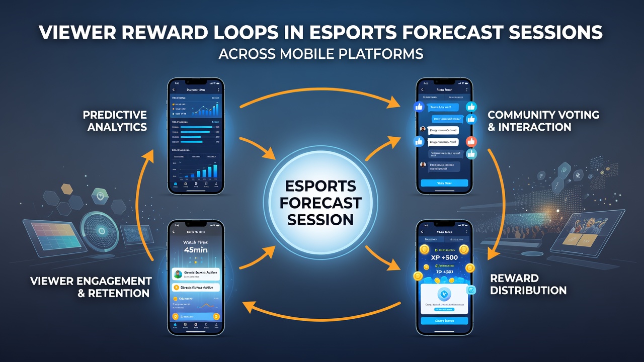 Group of mobile users engaging with esports forecast rewards during a live event on tablets and smartphones